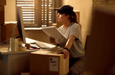 Woman in a cap packs boxes at a cluttered desk, holding a folder and looking at a computer monitor in a warm, storage-like room.
