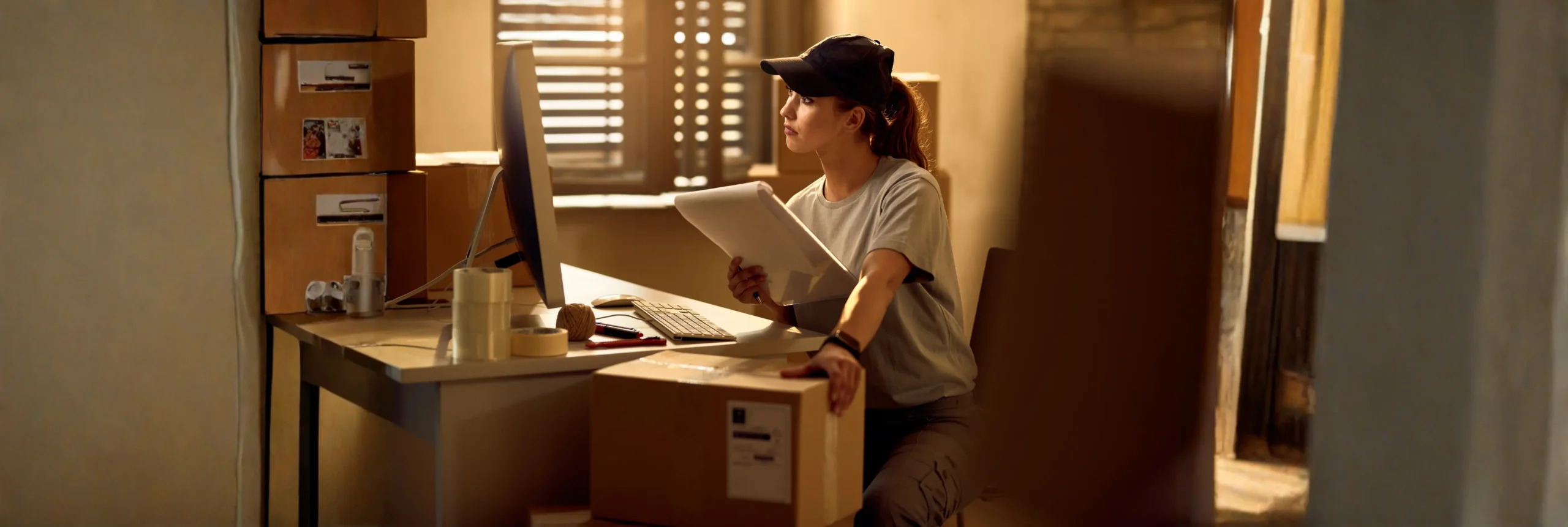 Woman in a cap packs boxes at a cluttered desk, holding a folder and looking at a computer monitor in a warm, storage-like room.