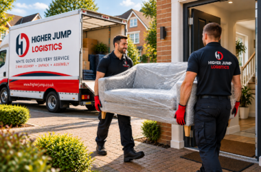 Two Higher Jump Logistics movers carry a plastic-wrapped sofa from a delivery truck into a brick house.
