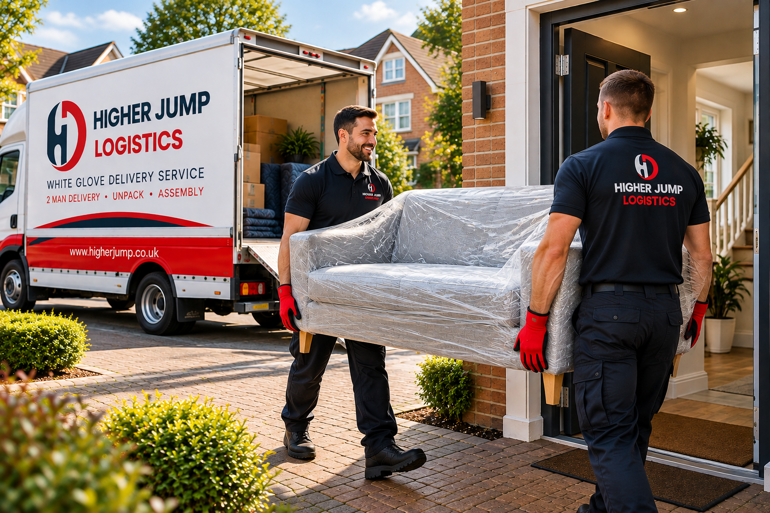 Two Higher Jump Logistics movers carry a plastic-wrapped sofa from a delivery truck into a brick house.